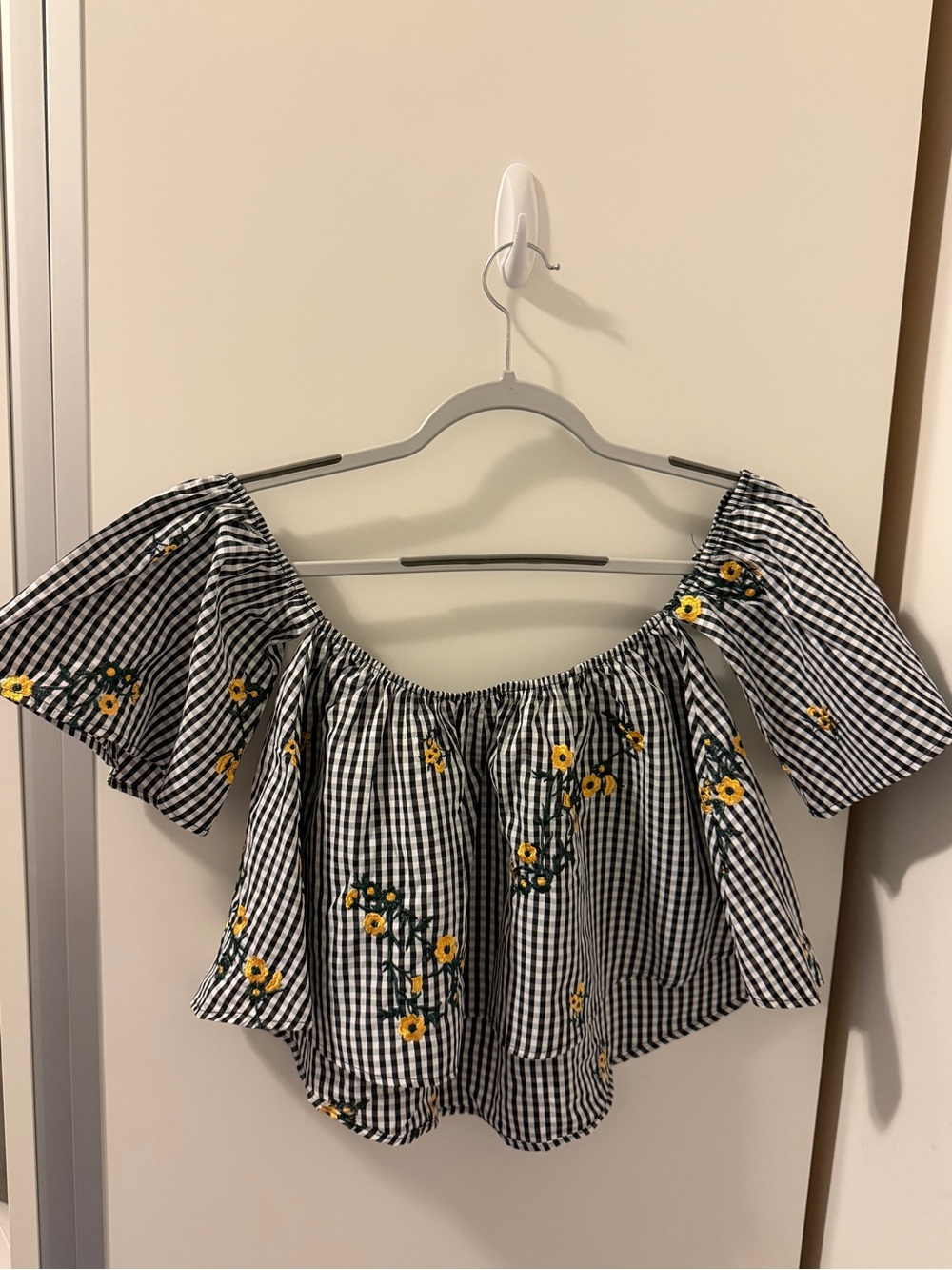 Black & White Gingham Off-Shoulder Top with Yellow Floral Embroidery - Picture 2 of 2